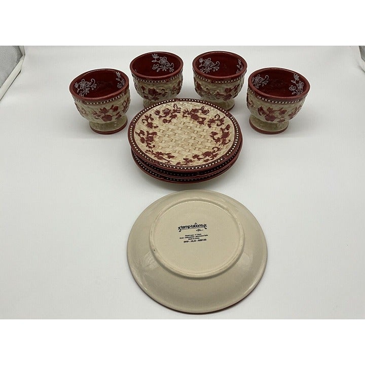 Temptations Cranberry Floral Lace Basketweave Pedestal Cups and Dessert Plate