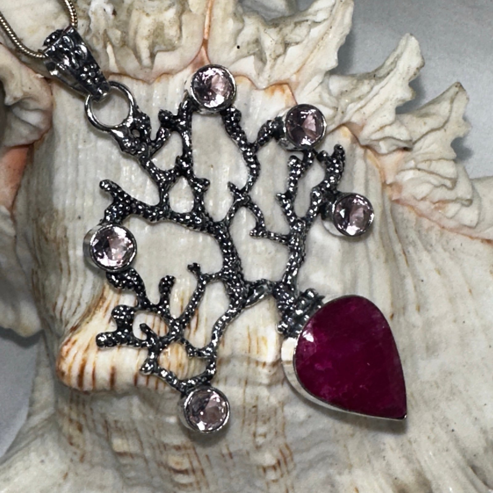 Sale* Ruby + pink quartz coral statement pendant orcar mirror charm