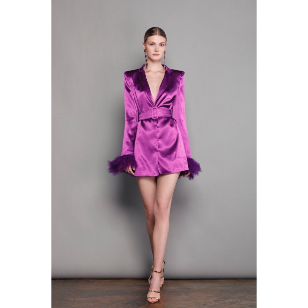 Bronx and Banco Odessa Feathered-Cuff Belted Mini Blazer Dress Purple Size 6/M