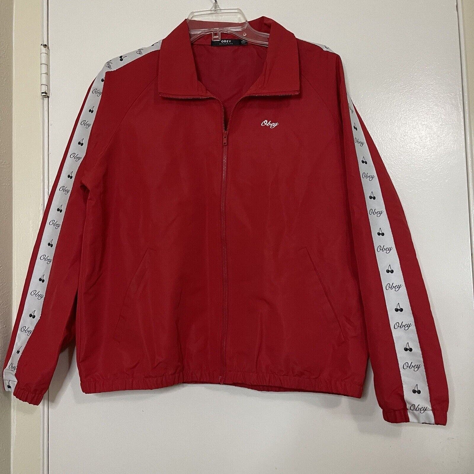 OBEY worldwide red Windbreaker full zip jacket cherry trim details size Large
