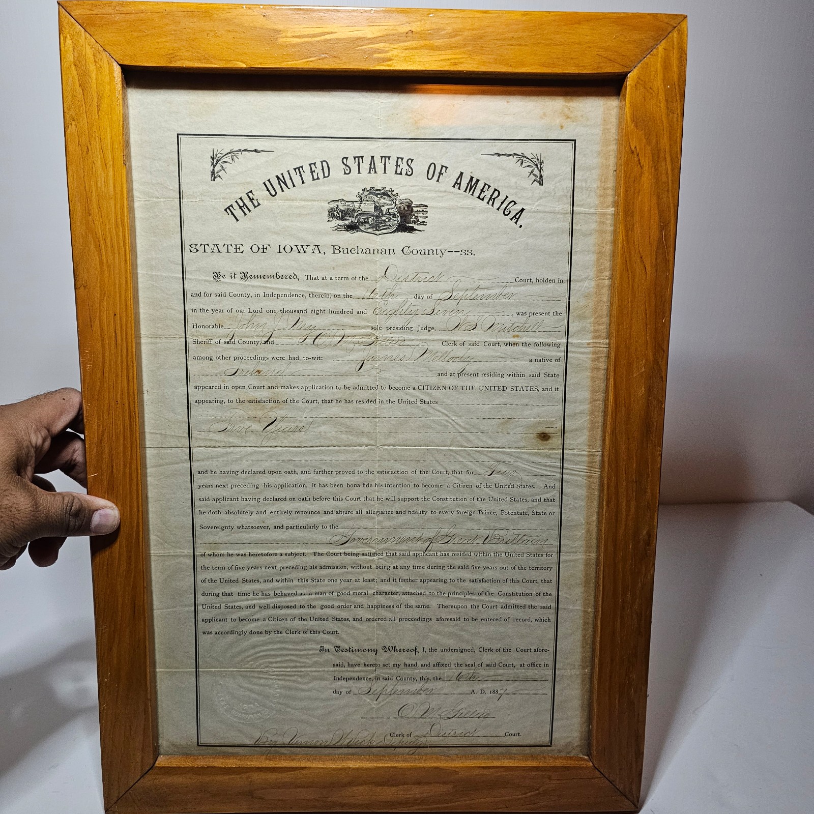 Antique 1887 Certificate Of Citizenship State Of Iowa American Memorabilia frame