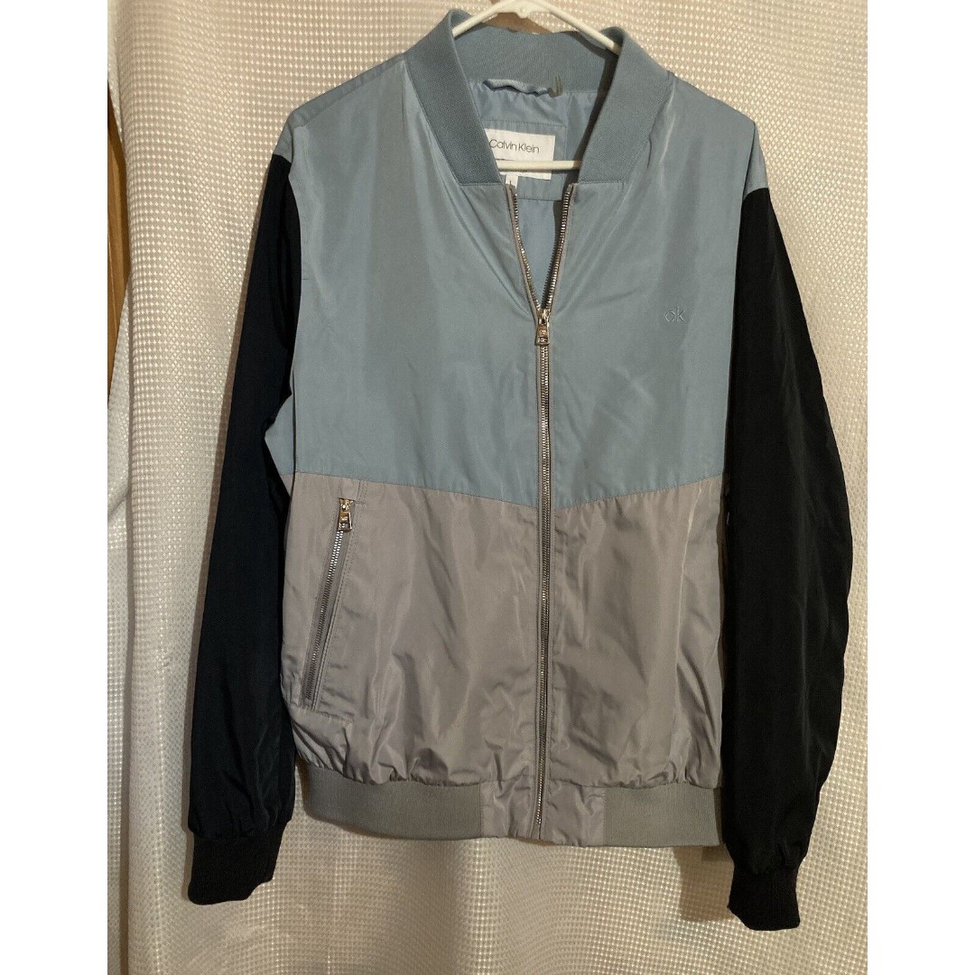 Calvin Klein Lined Bomber Track Jacket Mens Large Blue Zipped Pockets Full Zip