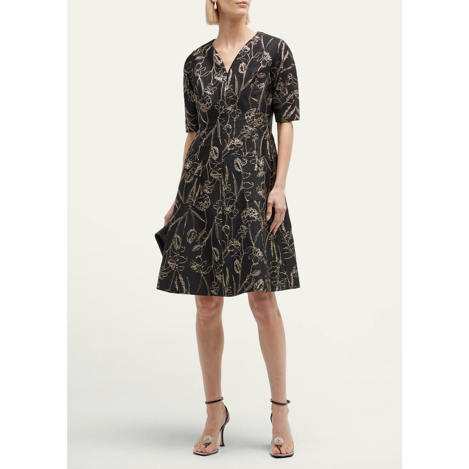 Teri Jon Floral Jacquard Dress Black Gold Fit & Flare V-Neck Cocktail Sz 4