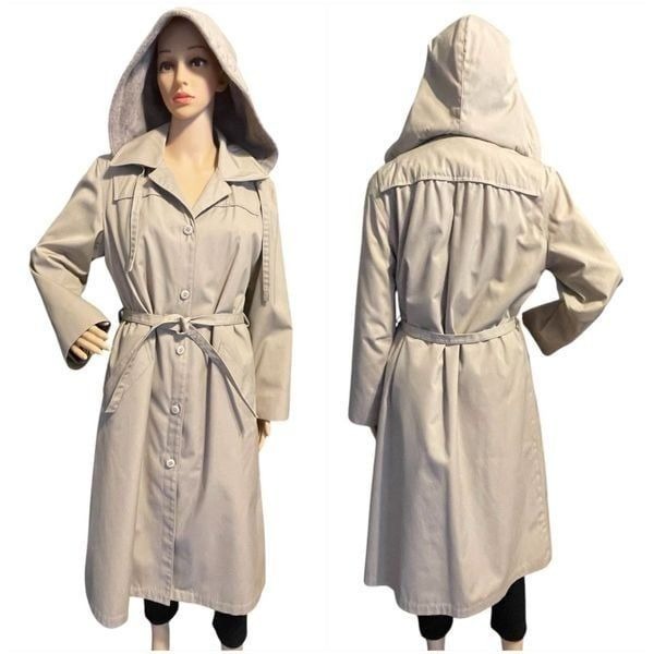 Vintage London Fog Belted Hooded Fully Lined Trench Coat Beige Tan Sz 14 Petite