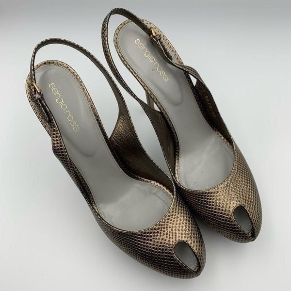 Sergio Rossi Lizard Embossed Peep Toe Sling Back Platform Heels Bronze Size 10