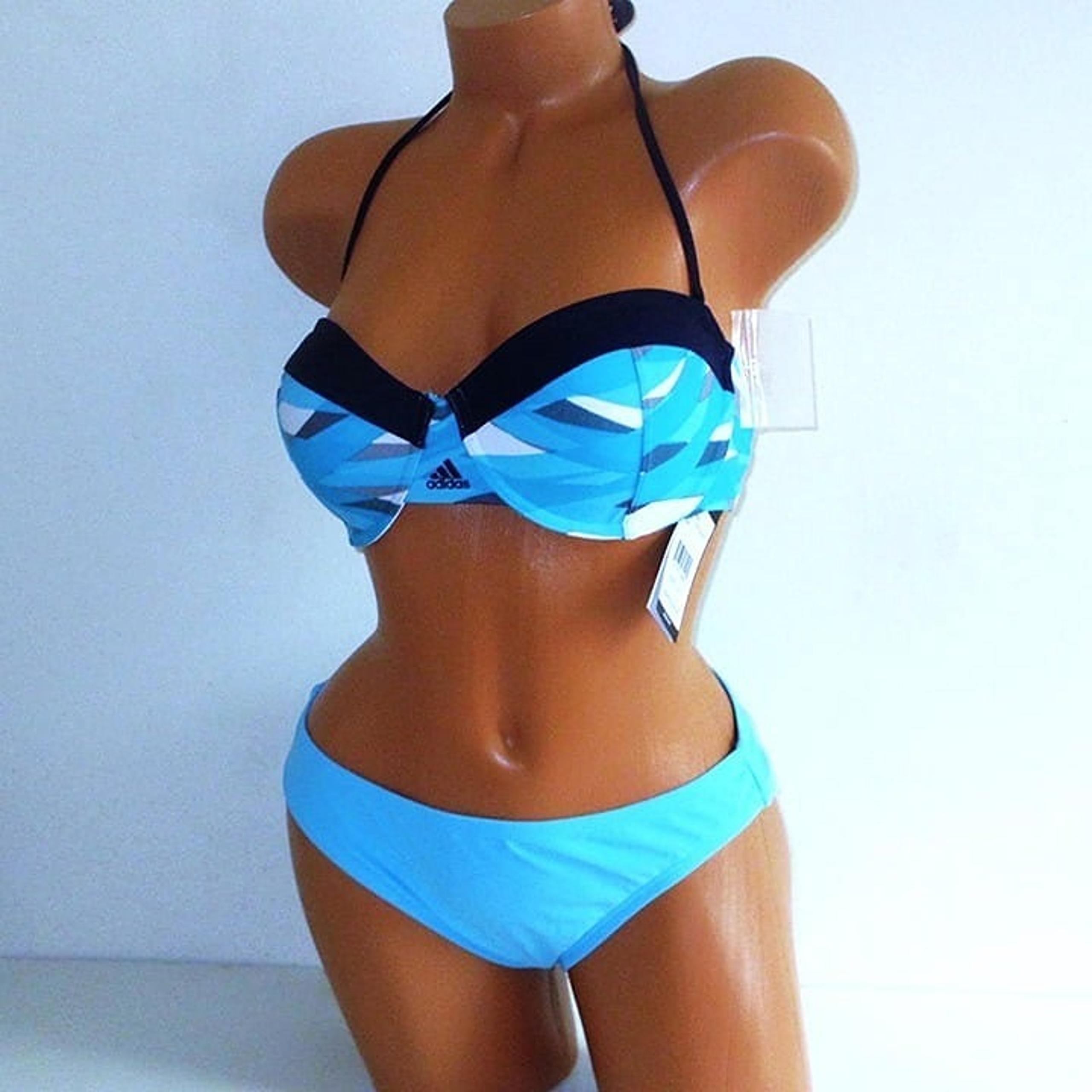 XL-L Adidas Swim Bandeau Top Bikini Set Hipster Bottom Blue Logo Overlay Stripe