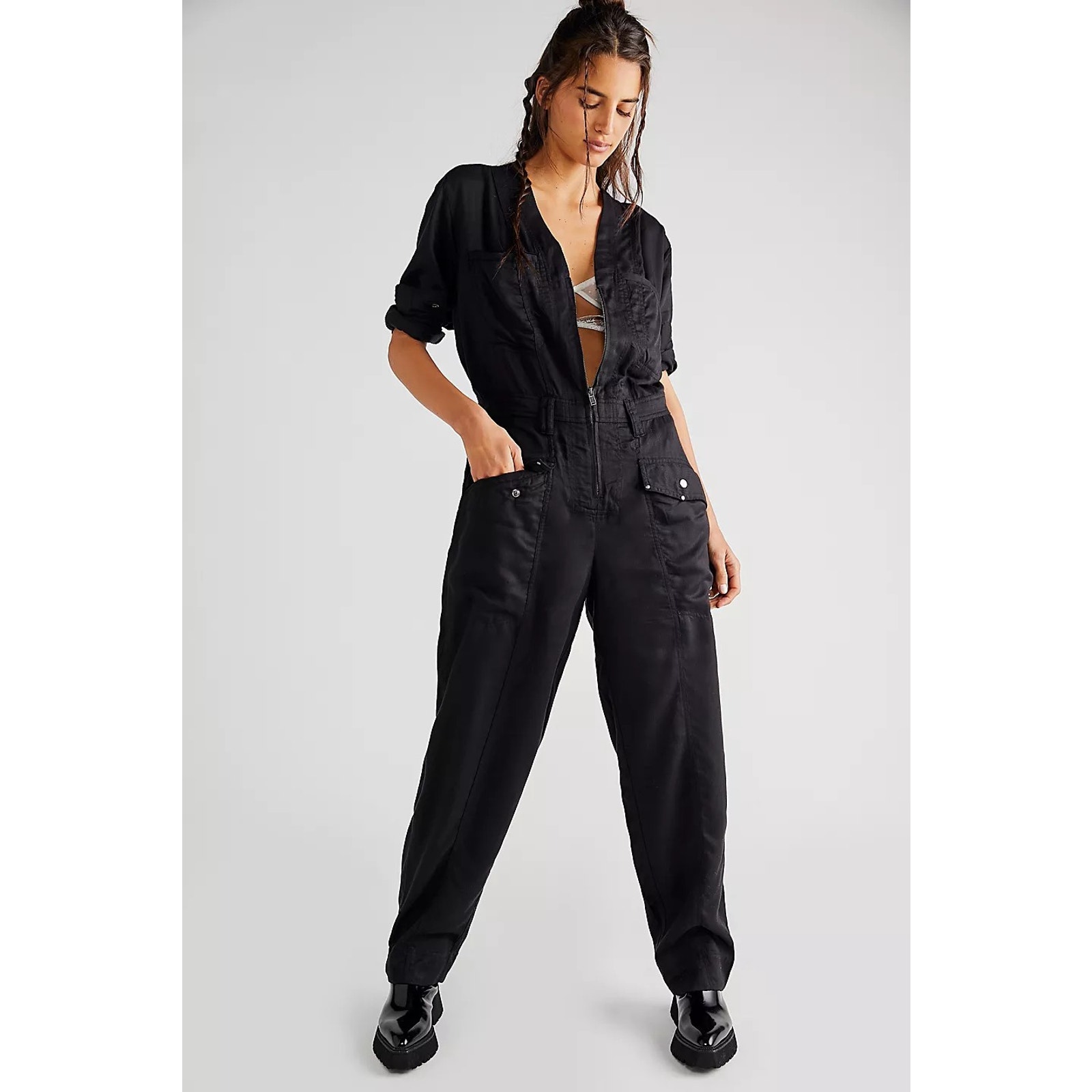 New Free People Time For Me One-Piece 178 MEDIUM Black Utility Workwear Design