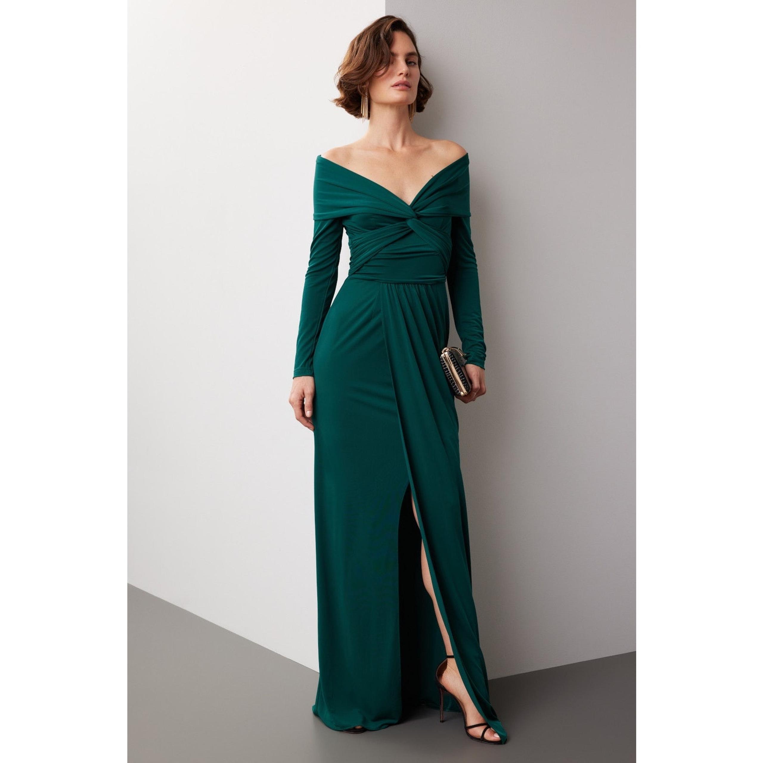 Wrapped Around Hunter Green Off Shoulder Long Sleeve Gown Size 2 - Zac Posen