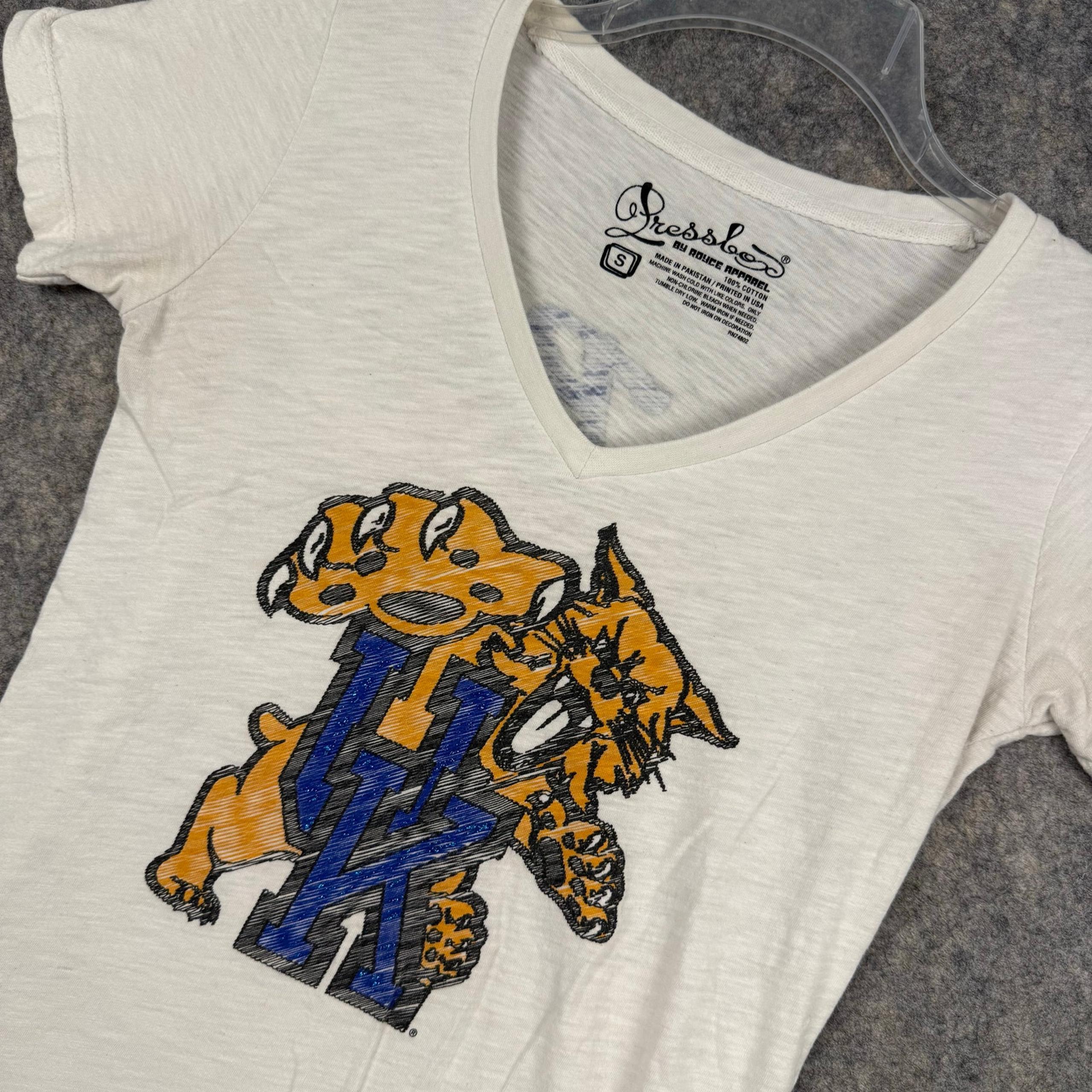 Kentucky Wildcats Women’s V Neck T Shirt White Blue Gold Size Small 974