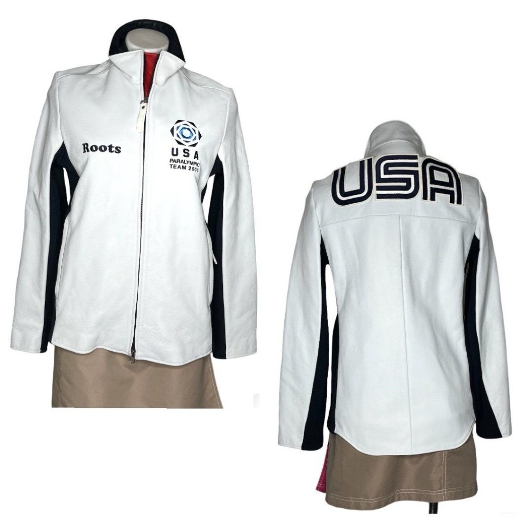 ROOTS CANADA White leather Jacket USA Team 2006 Paralympics Size Small RARE