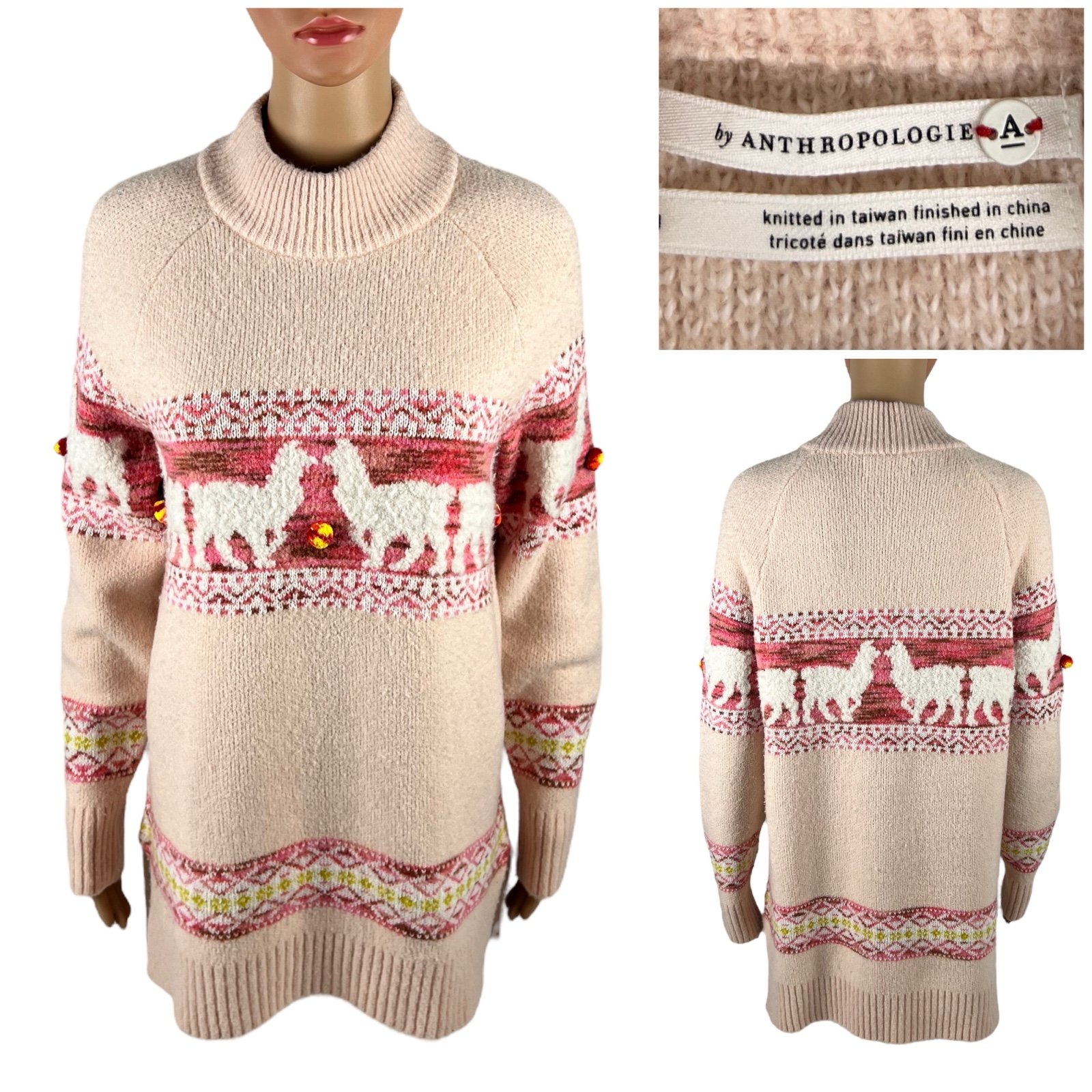 Anthropologie Aimee Alpaca Pompom Blush Pink Peach Mock Neck Sweater Medium