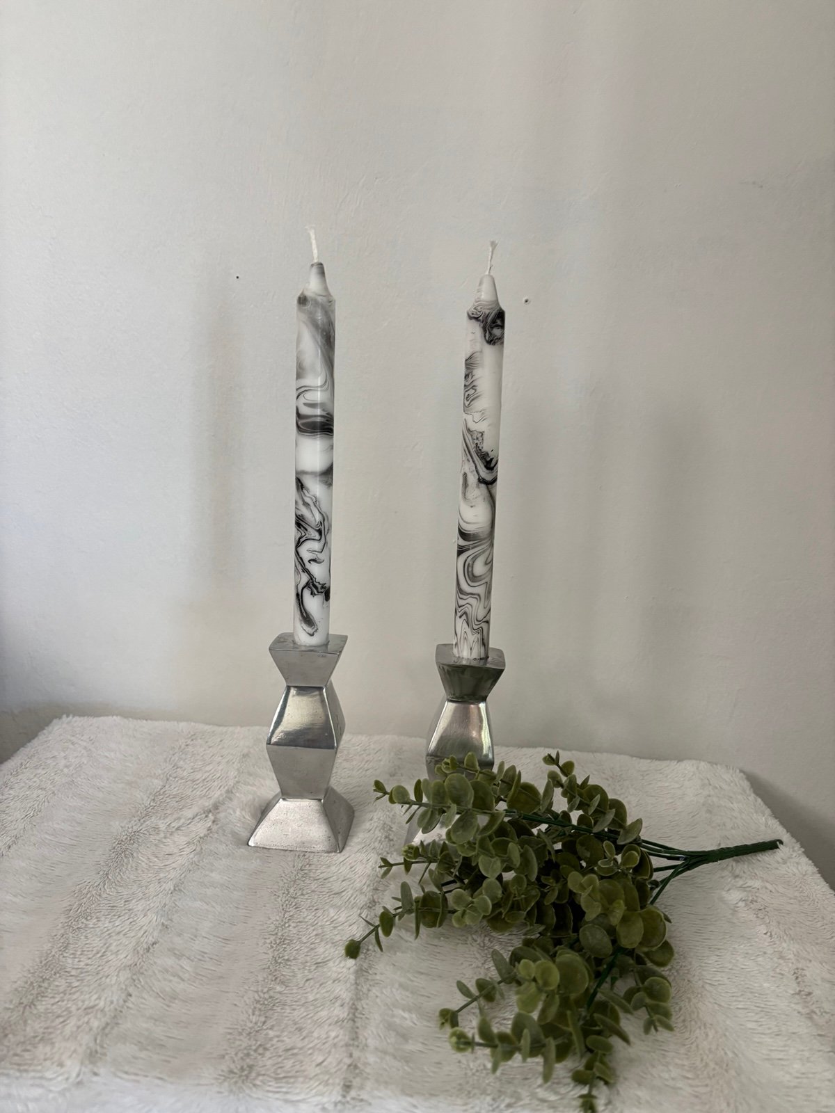 Two vintage chrome geometric candle holders 5 inches tall