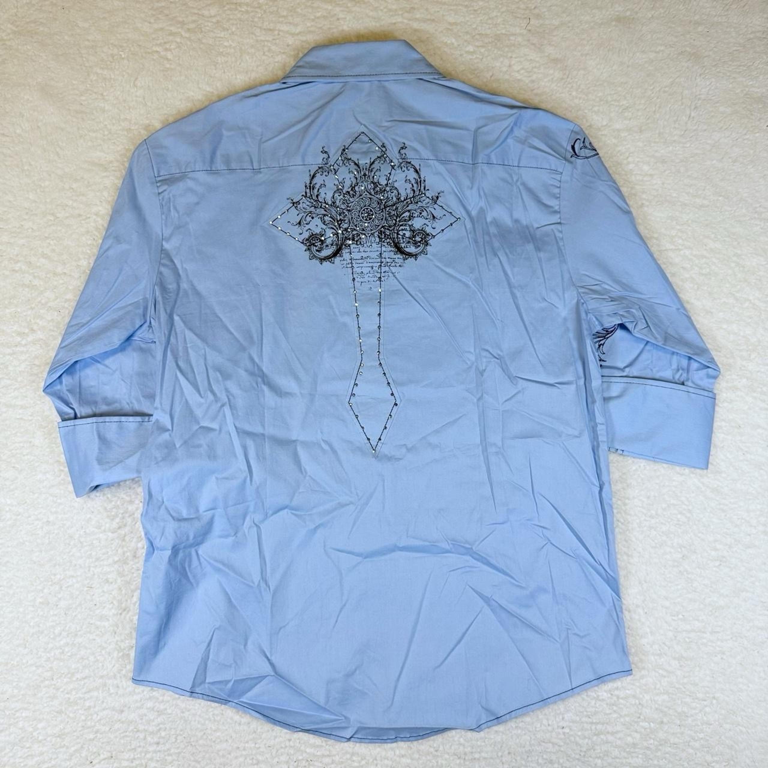 Vintage Y2K Black Cross Embroidered Blue Button Down Shirt runs small