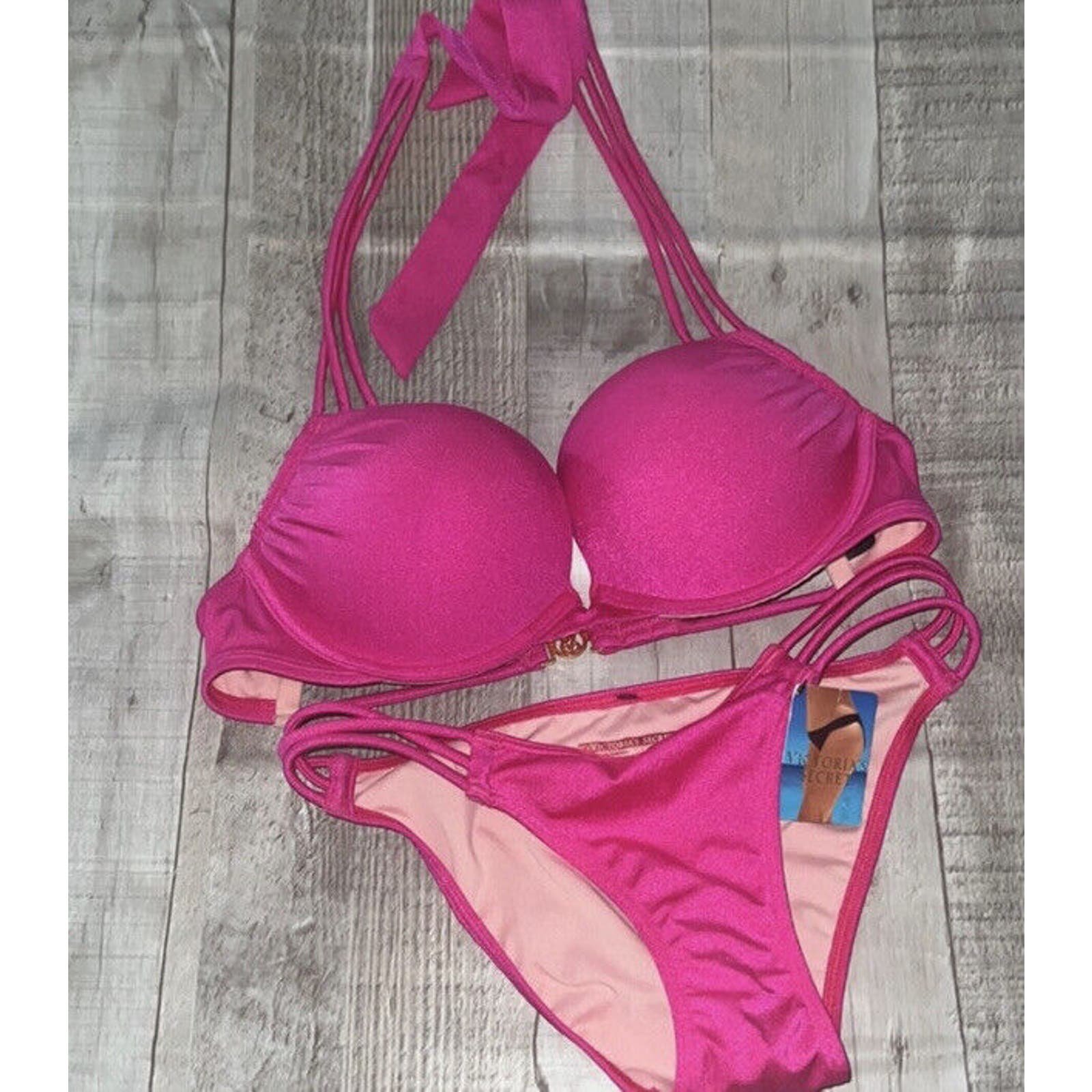 Victoria's Secret Bombshell Hot Pink Halter Bikini Swimsuit Swim Top Sz 34B/XS