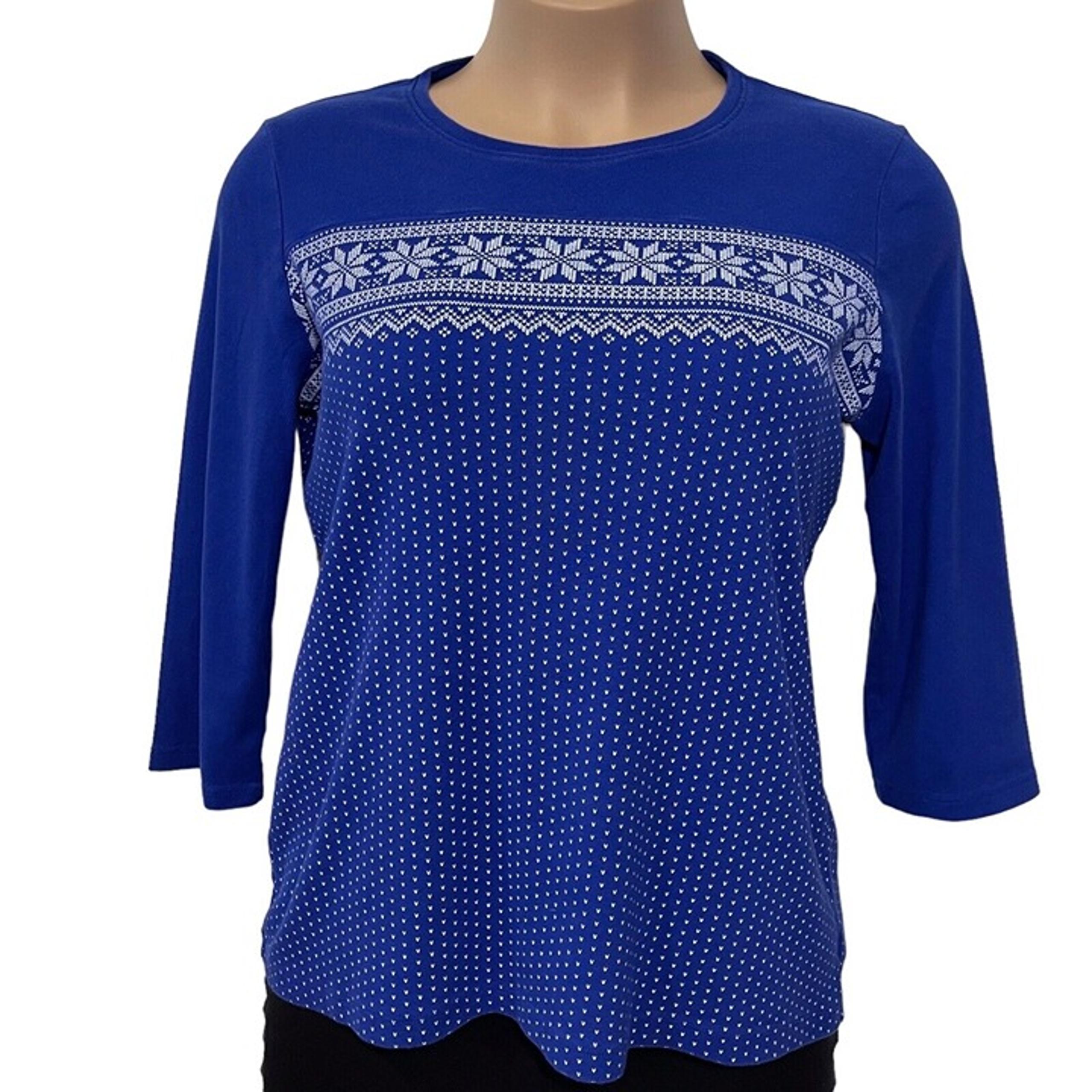 KIM ROGERS Snowflake Top Women XL Blue White Stretchy Knit 3/4 Sleeves Norm Core