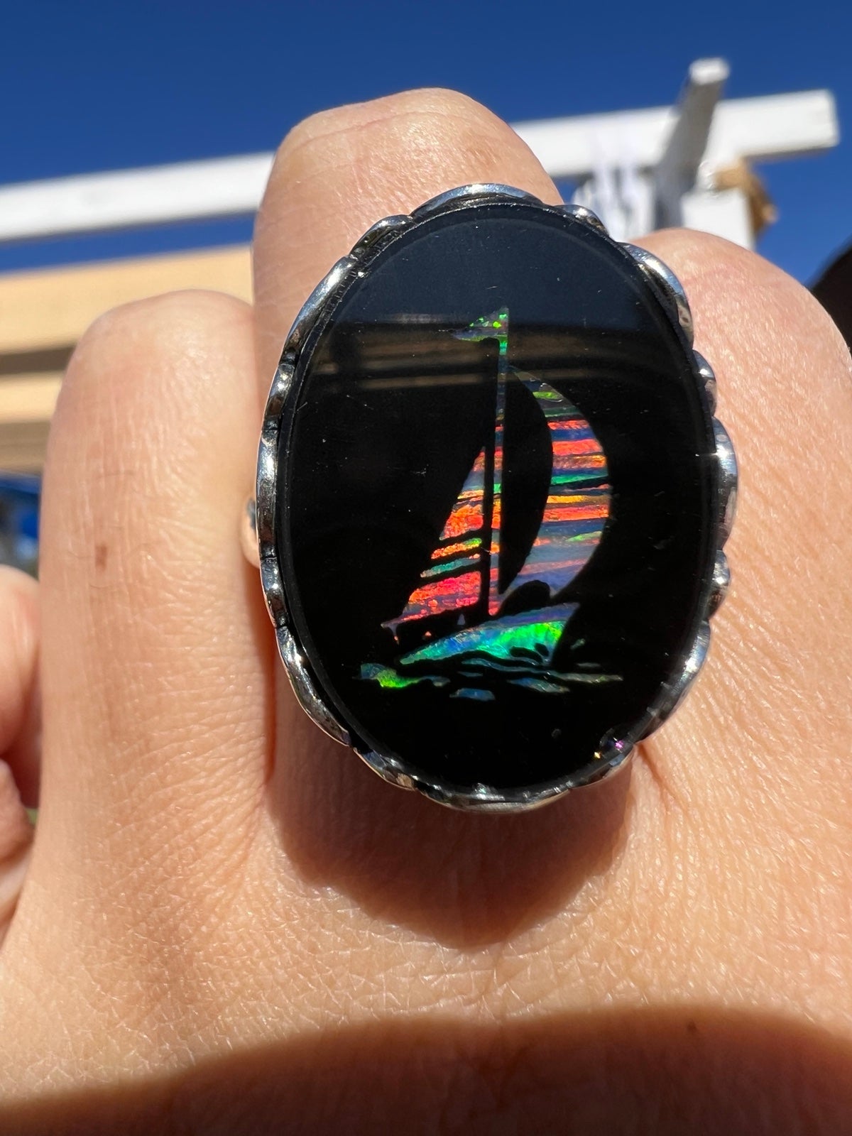 Australian opal ring with Black agate