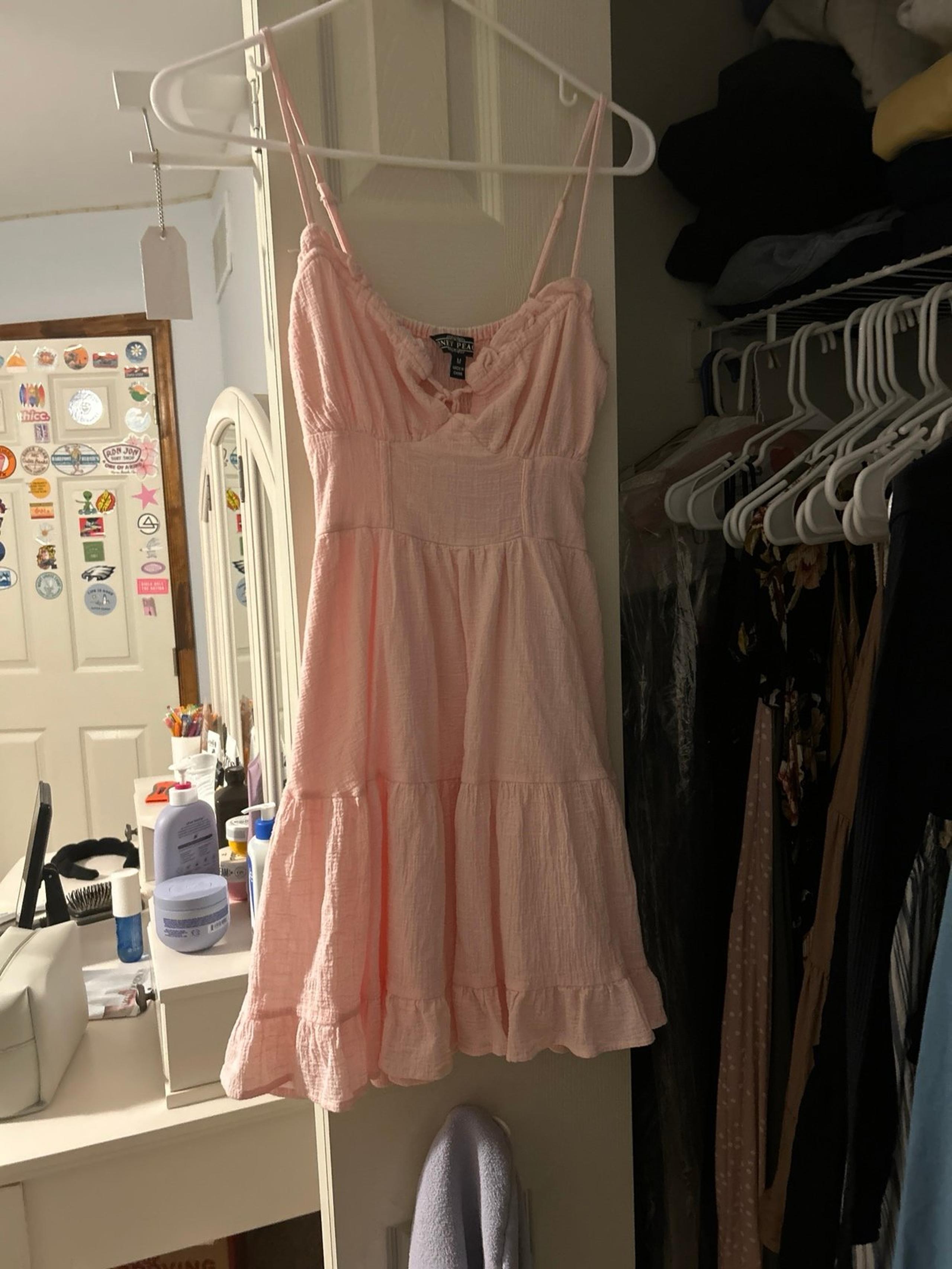 Honey Peach- MEDIUM- BABY PINK MINI DRESS - Fit & Flare - Rouched/ Lined