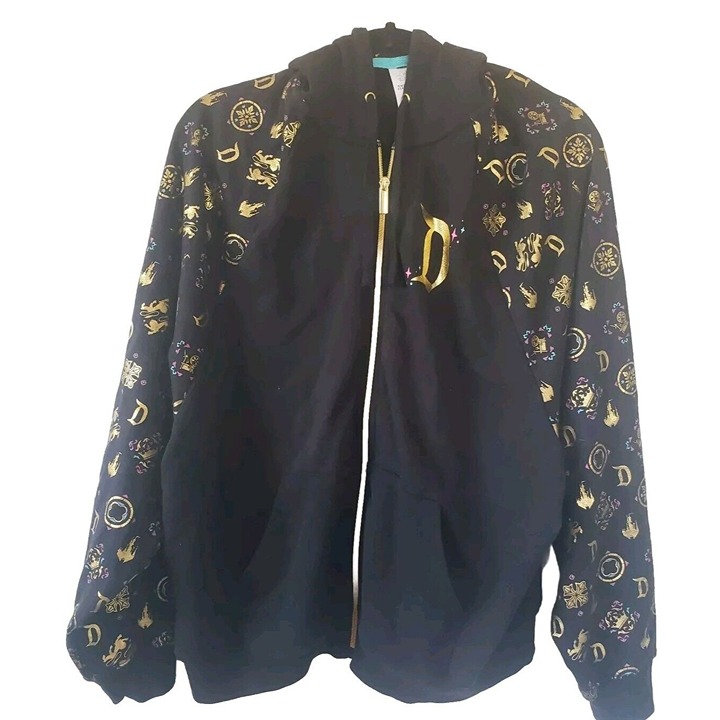 Disneyland Black Zip Up Hoodie Jacket Sleeping Beauty Castle Sz XL Black Gold