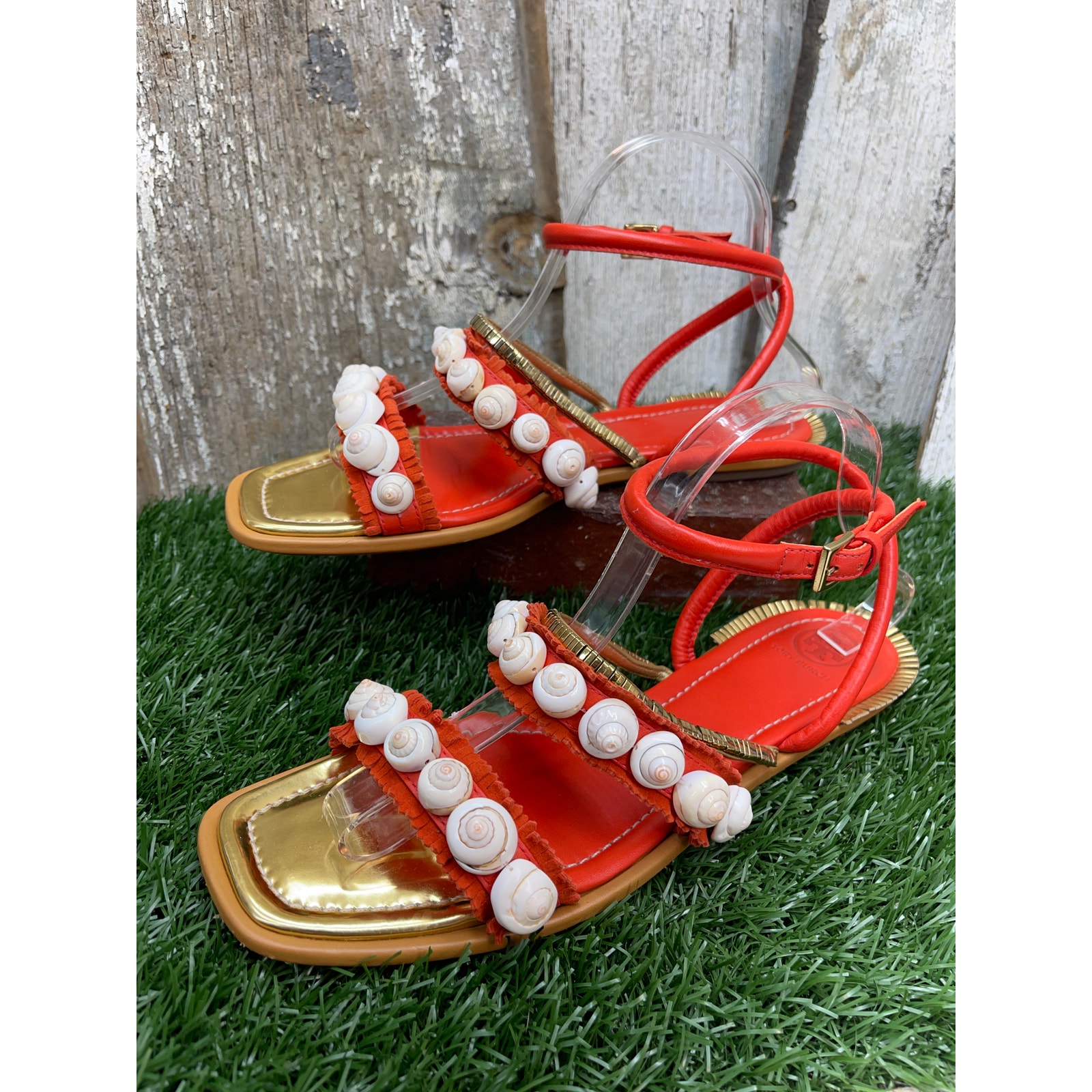 Tory Burch Sinclair Seashell Ankle-Wrap Sandal Coral Orange Red Women's 9.5M