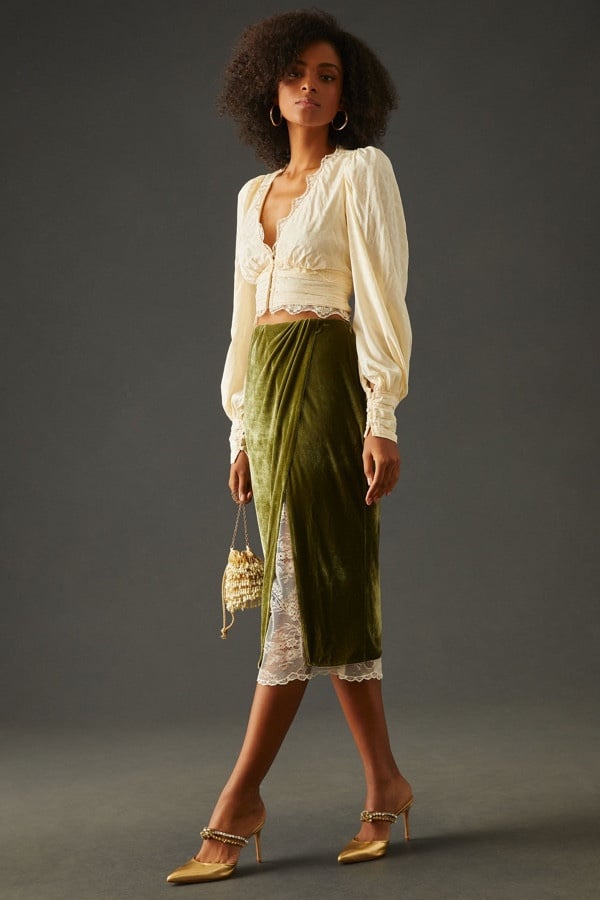 Anthropologie green velvet pencil skirt with lace