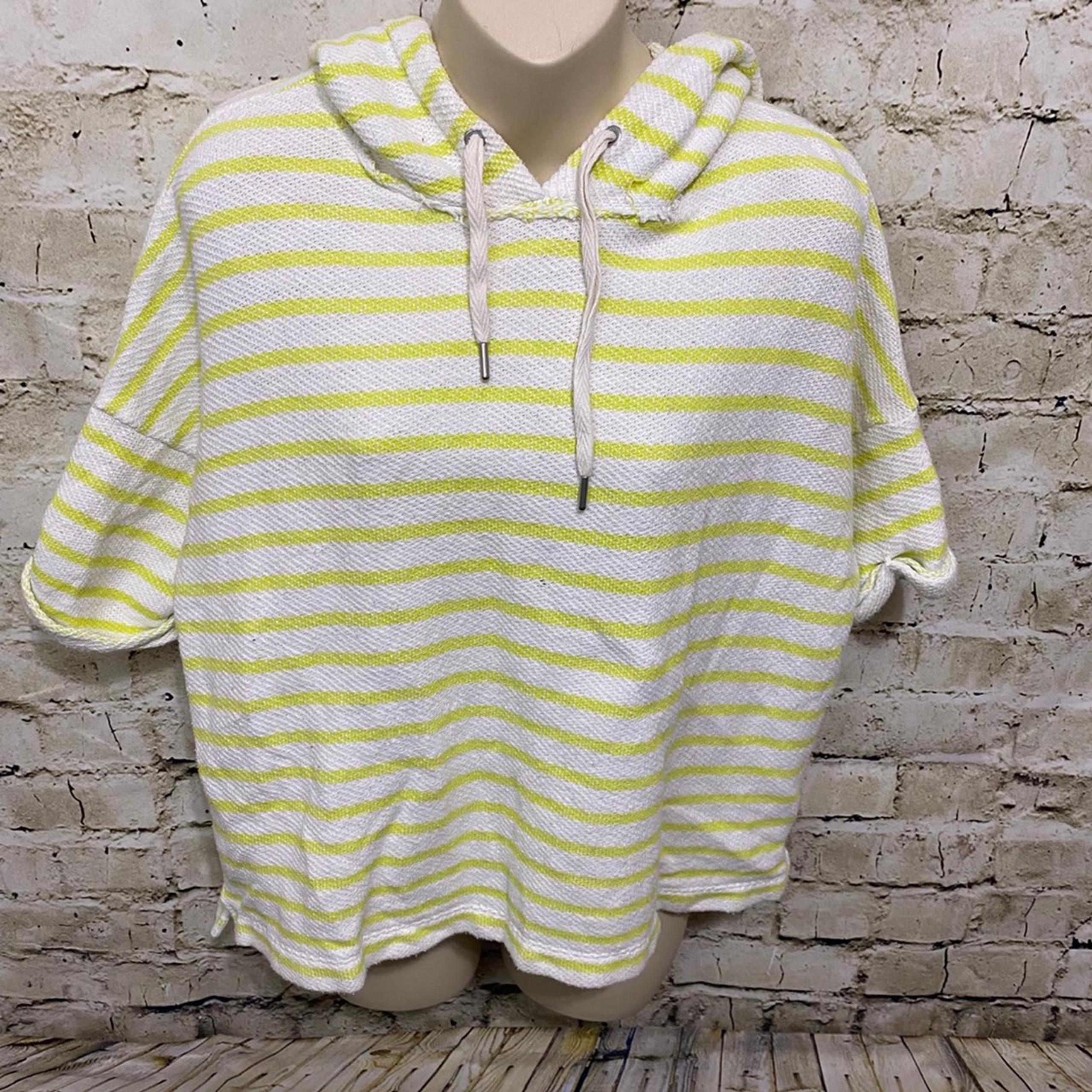 Lou & Grey Green White Striped Short Sleeve Hooded Terry Sweatshirt