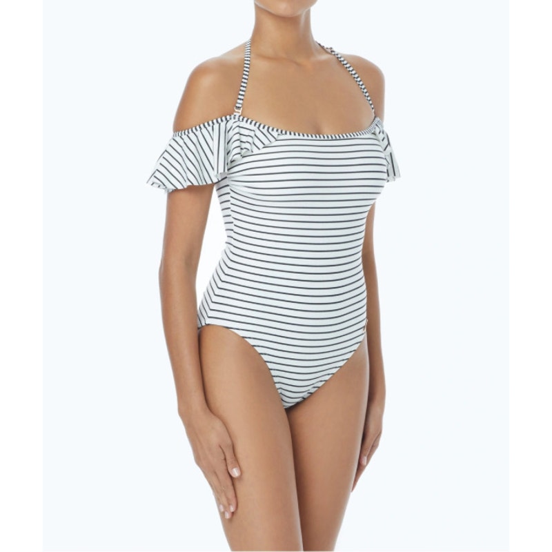 Vince Camuto Ruffle Off the Shoulder One Piece Swimsuit - Blossom Stripes Sz10