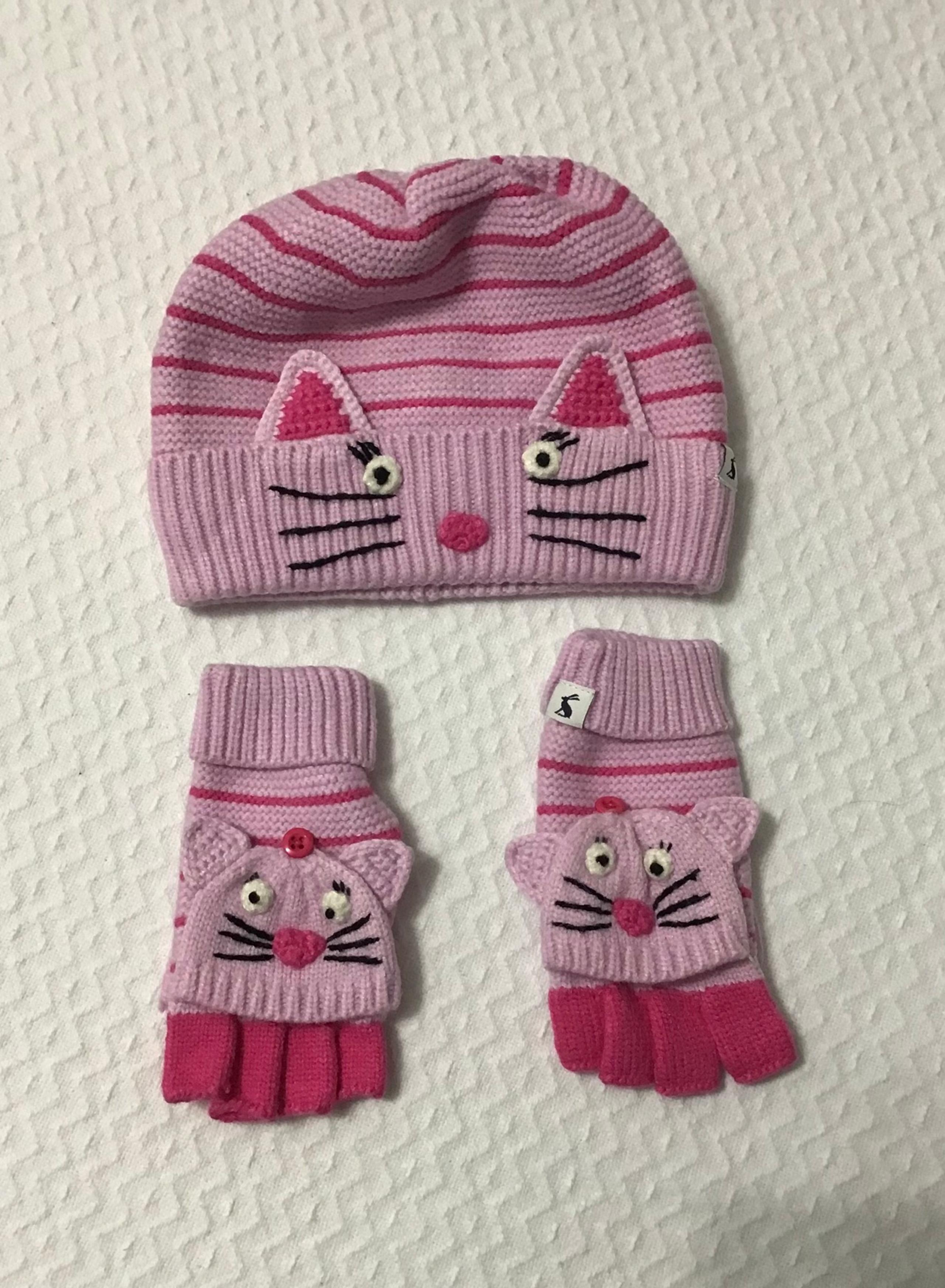 Joules Girls Kids Pink ChummyCat Face Knit Hat Set Size 8-12Y