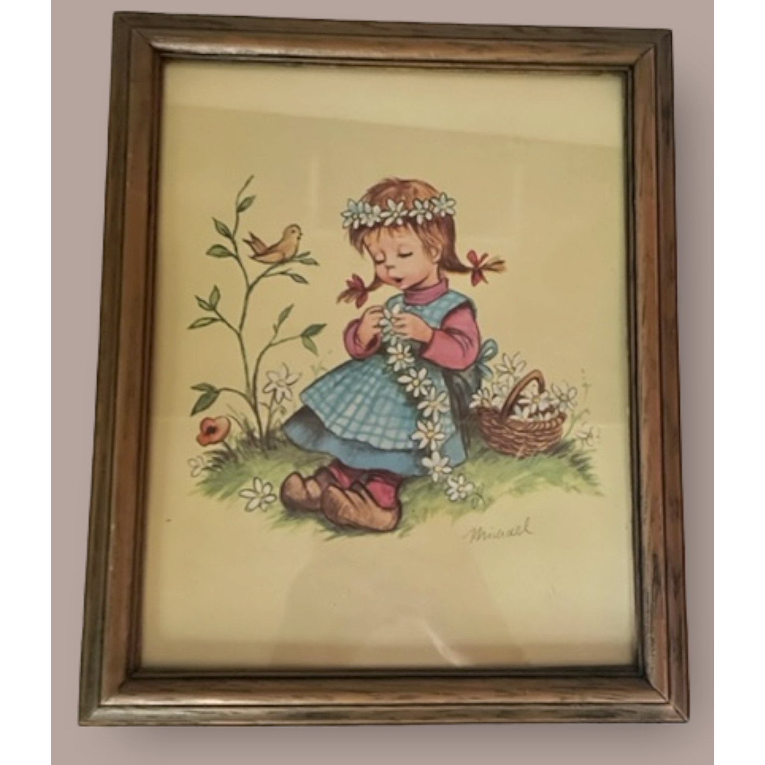 Vintage framed art pair of boy and girl playing with birds framed circa 1970s