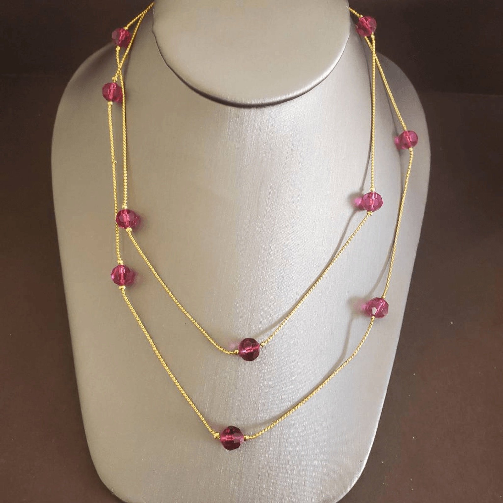 Swarovski Gold Plated Long Necklace with Berry Colored Crystals Signed