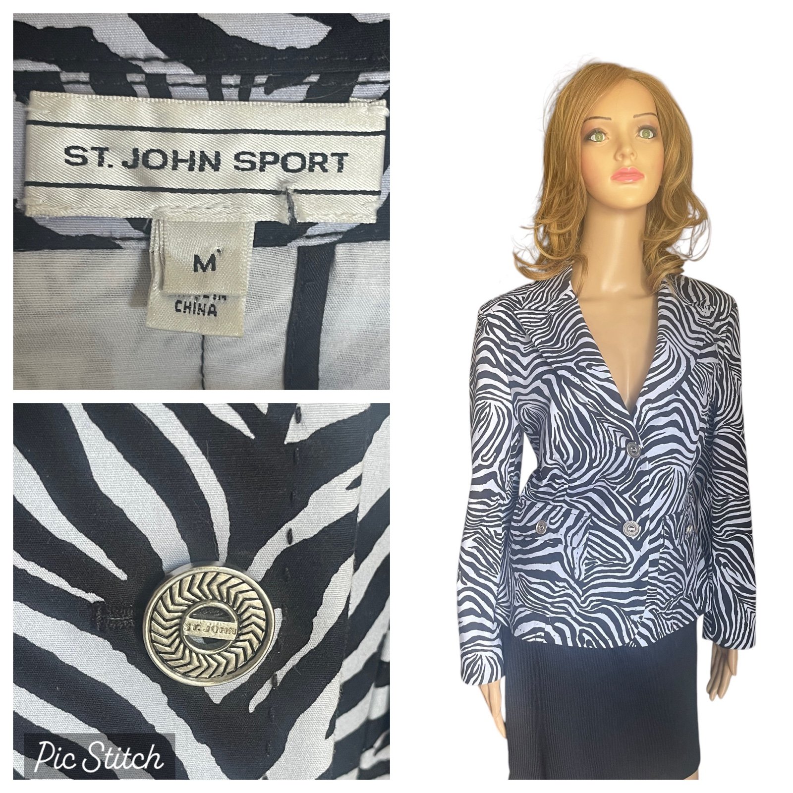 St John Sport Black/ grey zebra Animal Print Jacket size M