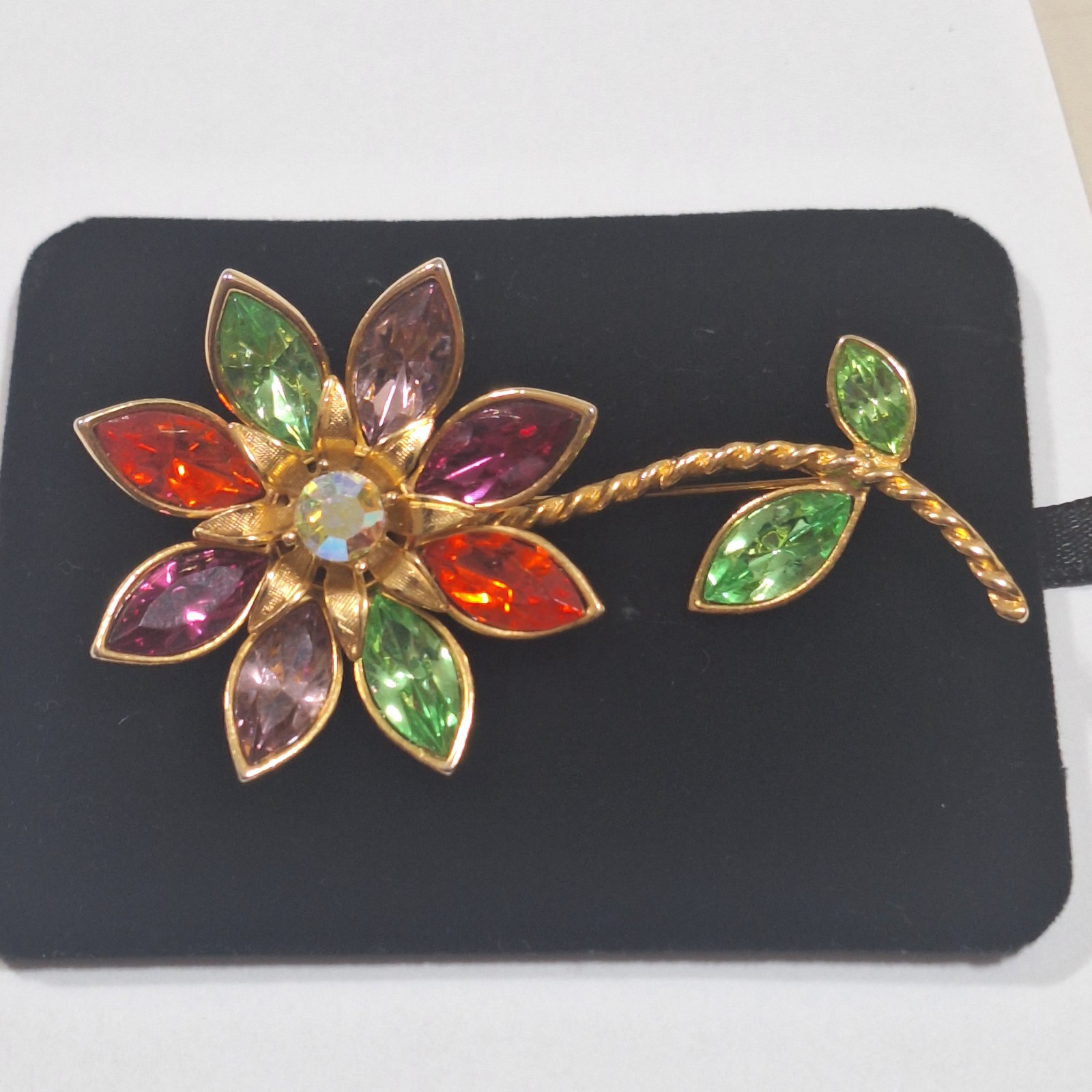 Vintage GRAZIANO Large Colorful Flower Brooch Pin 3 Uranium Glass Gold Tone