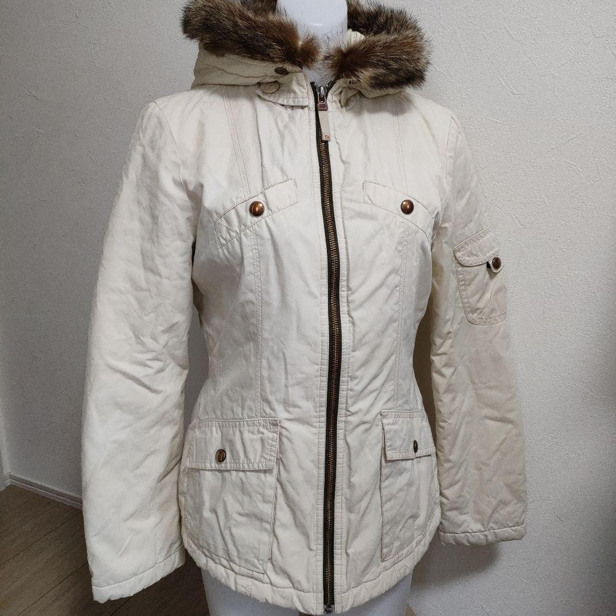 ♥Excellent Condition♥ Tommy Hilfiger Ivory Fur-Trimmed Hooded Jacket Size S