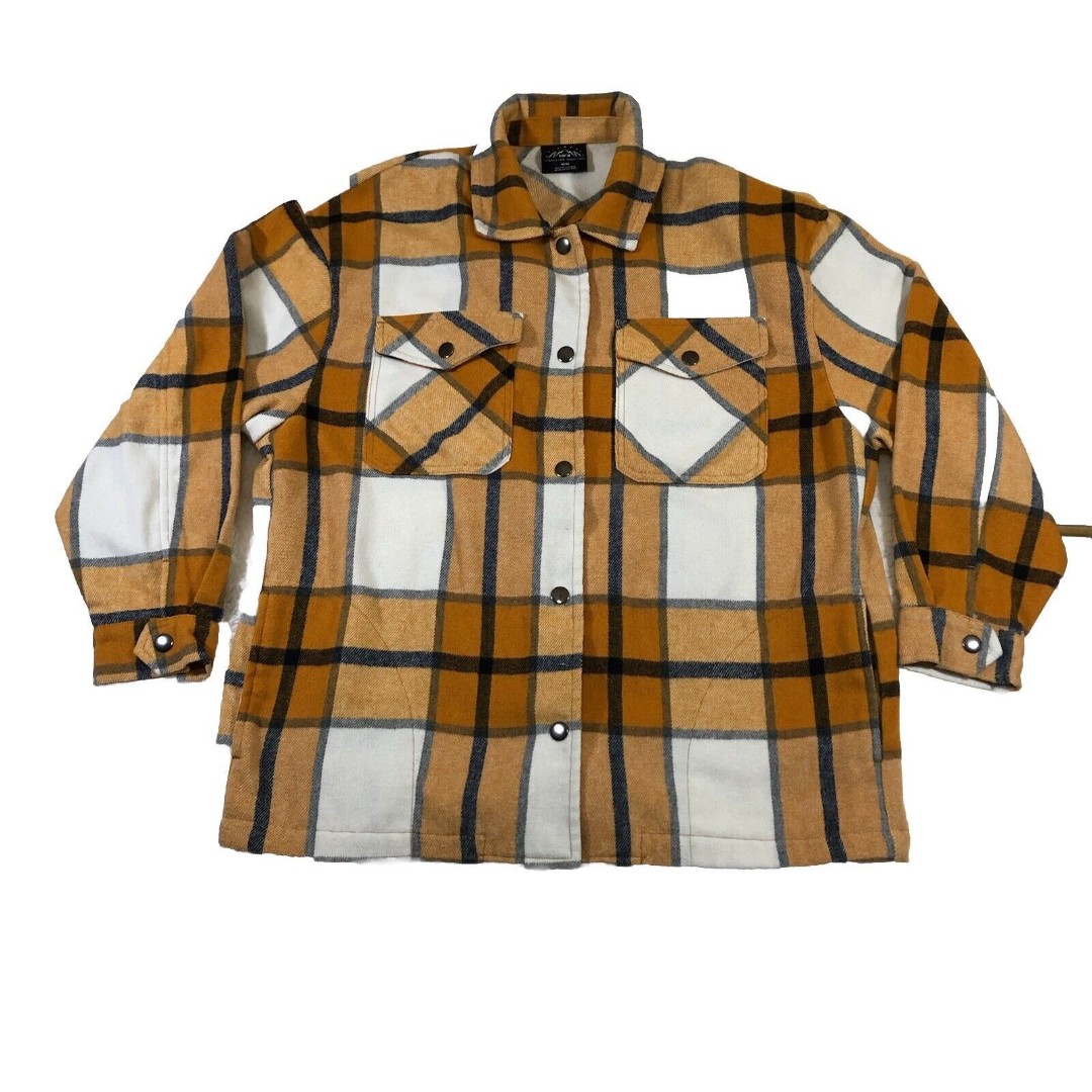 HXF Shirt Womens M Yellow Plaid Fleece 3/4 Sleeves Button Up Thick Shacket