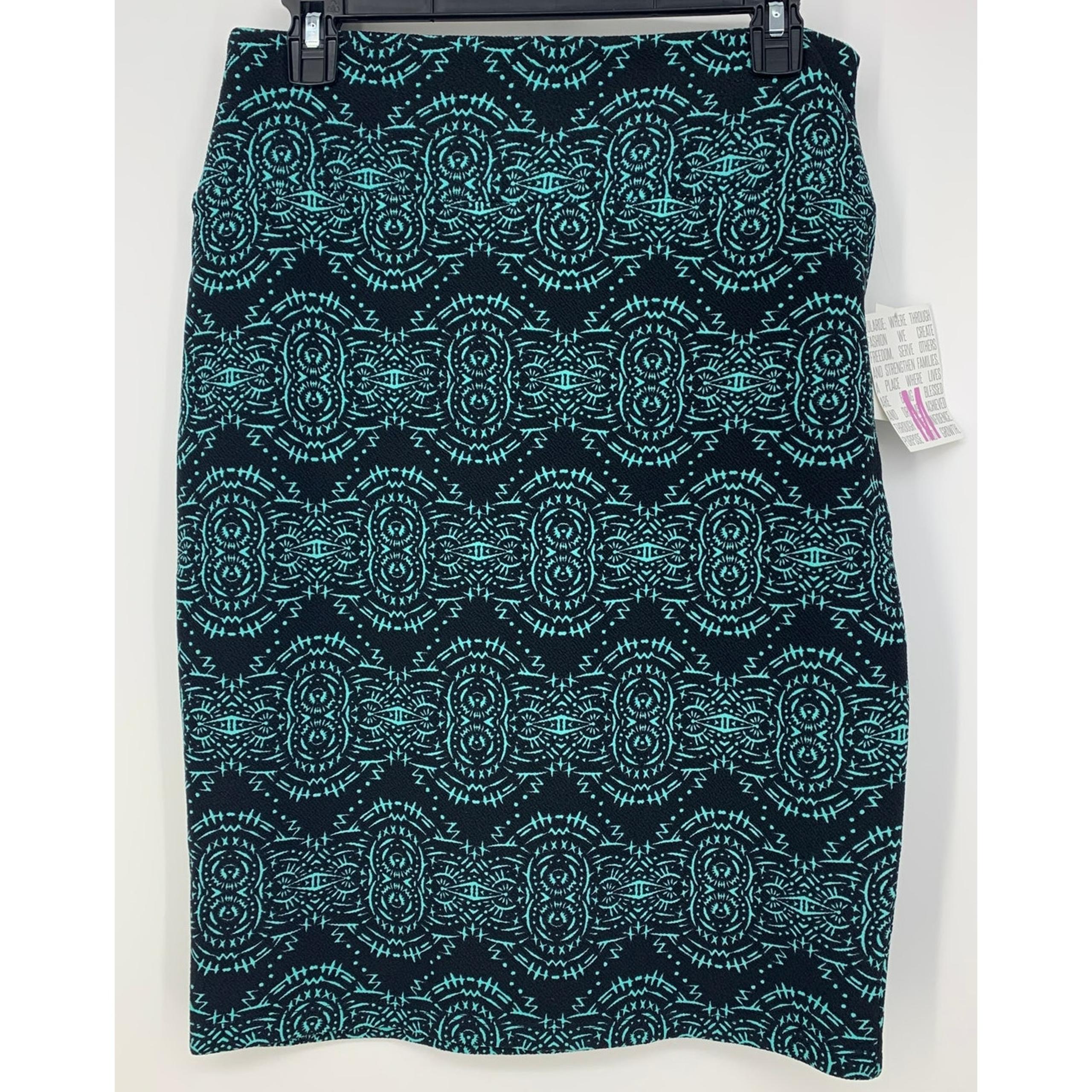 NWT LuLaRoe LLR Womens Black Teal Geometric Print Cassie Pencil Skirt Size M