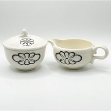 Vintage 1950s Creamer Covered Sugar Set Spencerian Scroll Taylor Smith Taylor