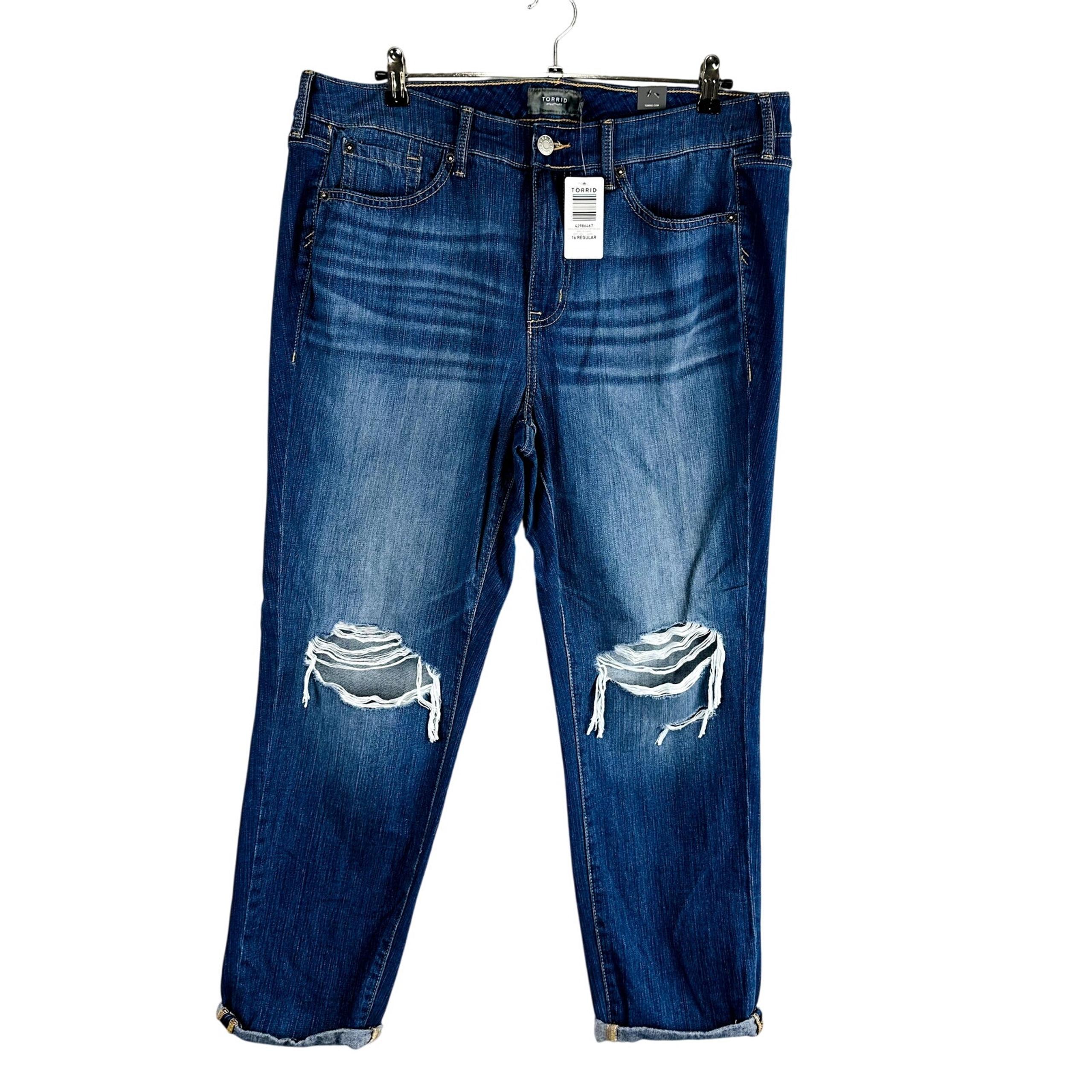 New Torrid Womans Sz 16R Jeans Blue Distressed Boyfriend Denim Mid Rise NWT