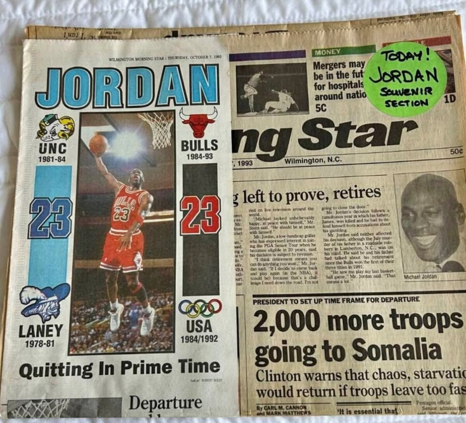 Michael Jordan 1993 Hometown Retirement Wilmington Star newspaper!