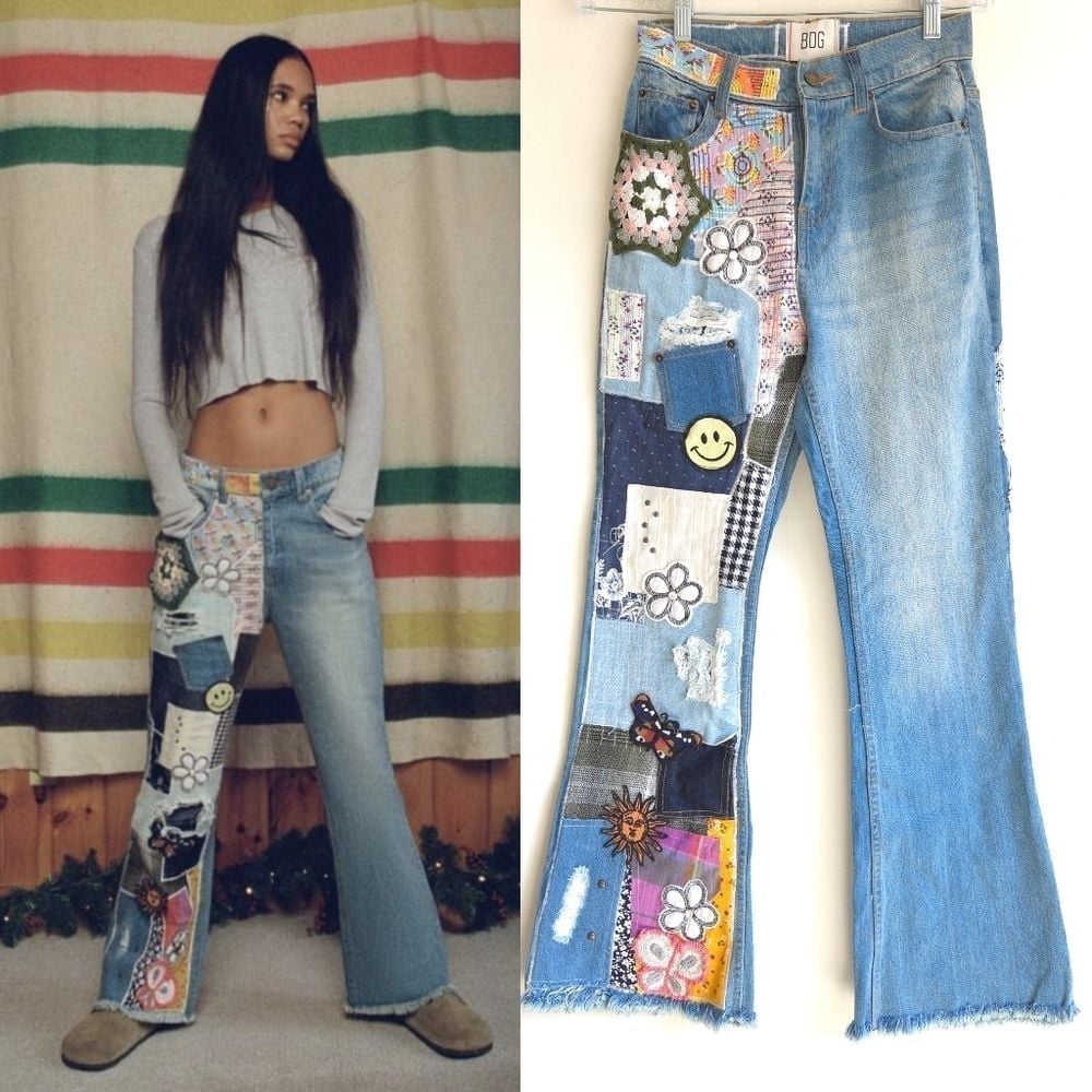 BDG Urban Outfitters Indigo Craft Patchwork Retro Boho Happy Face Wide Leg Jeans