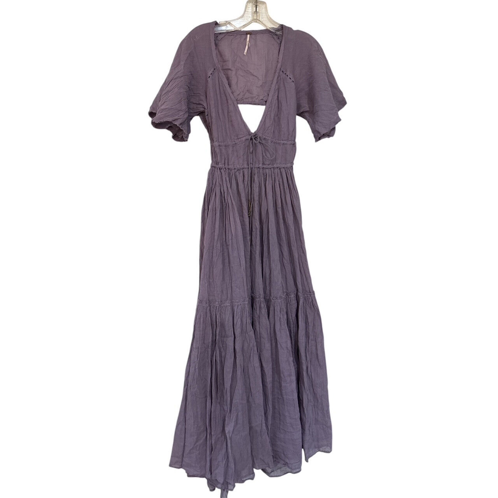 FREE PEOPLE LILAC GAUZY RAW HEM OPEN BACK MAXI DRESS SZ XS