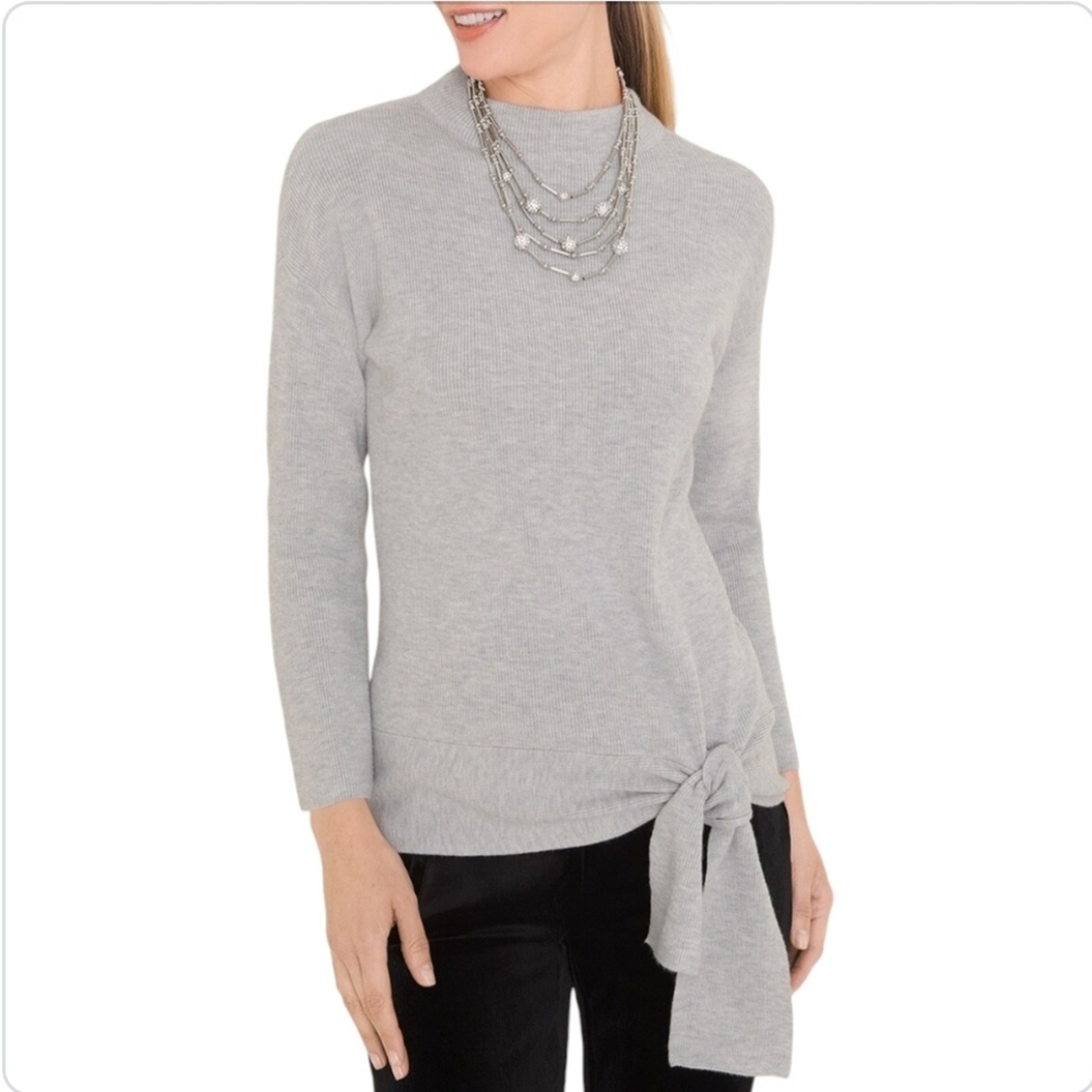 Chico's Side-Tie Pullover Sweater Long Sleeve Fashion Pier Heather Gray XL NWT