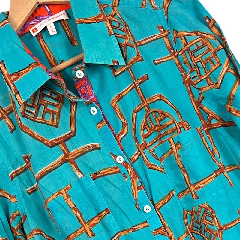 JUDE CONNALLY Women's M Turquoise Bamboo Lattice Asian Art Resort Button Shirt