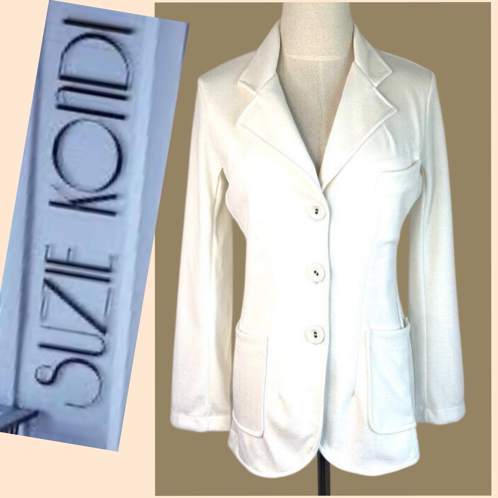 Suzie Kondi Ivory Jersey Knit 3 Button Full Sleeve Blazer Size S 2% spandex