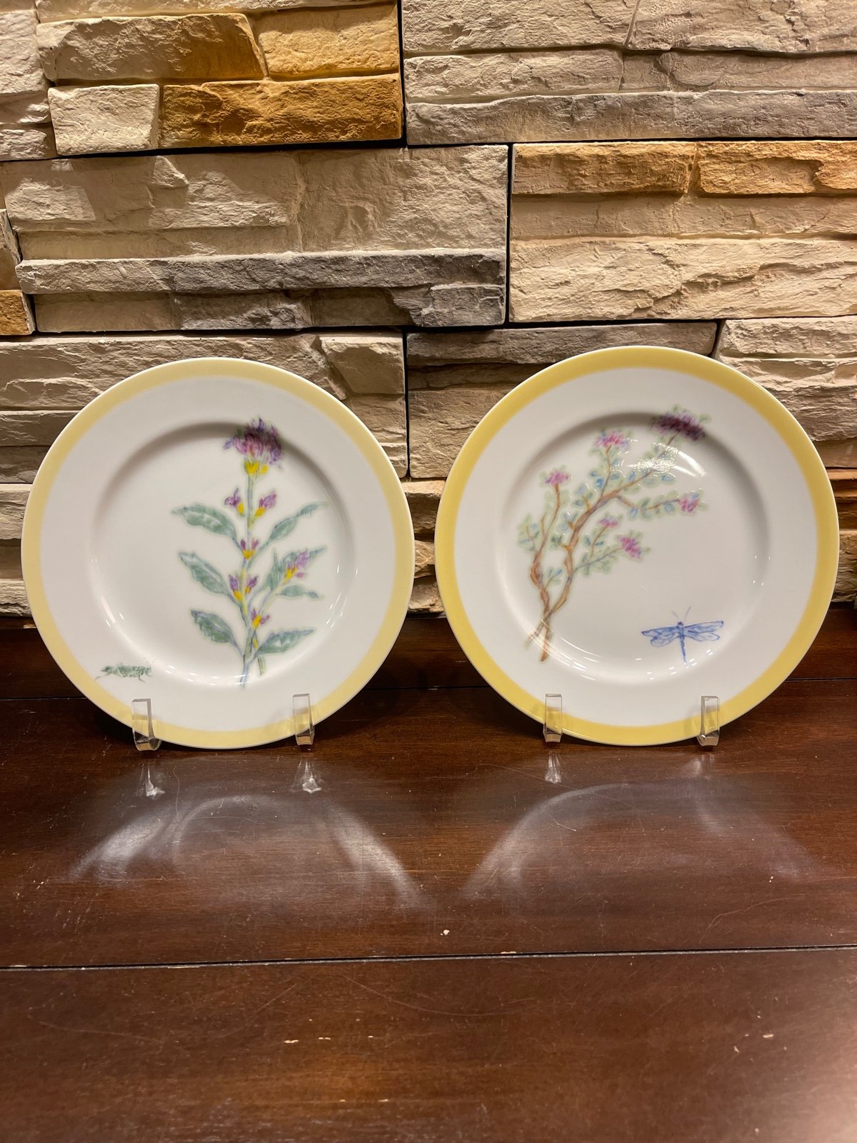 Williams Sonoma 2 Salad Luncheon Plates “Flowering Herbs” Grasshopper, Butterfly