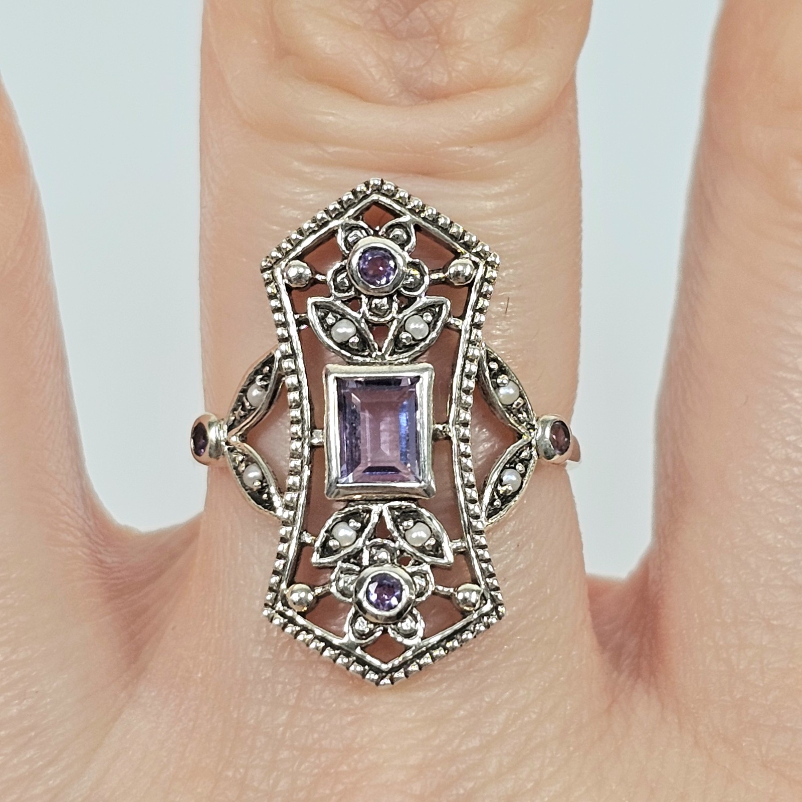 Vintage 925 Sterling Silver Art Deco Ring with Amethyst and Pearls