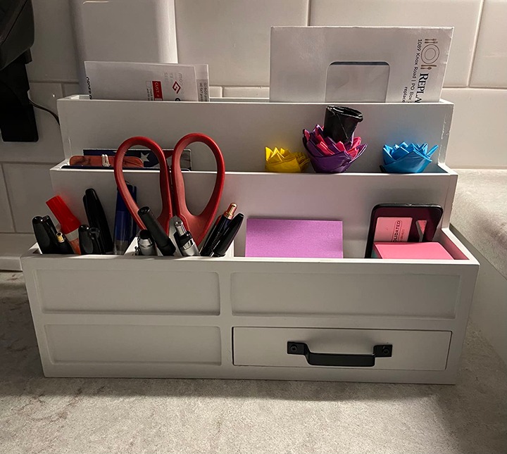 White Desktop Organizer with Drawer - Home Countertop Storage