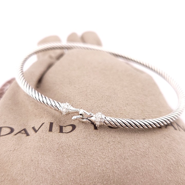 David Yurman Sterling Silver Classis Cable 3mm Diamond Buckle Bangle Bracelet