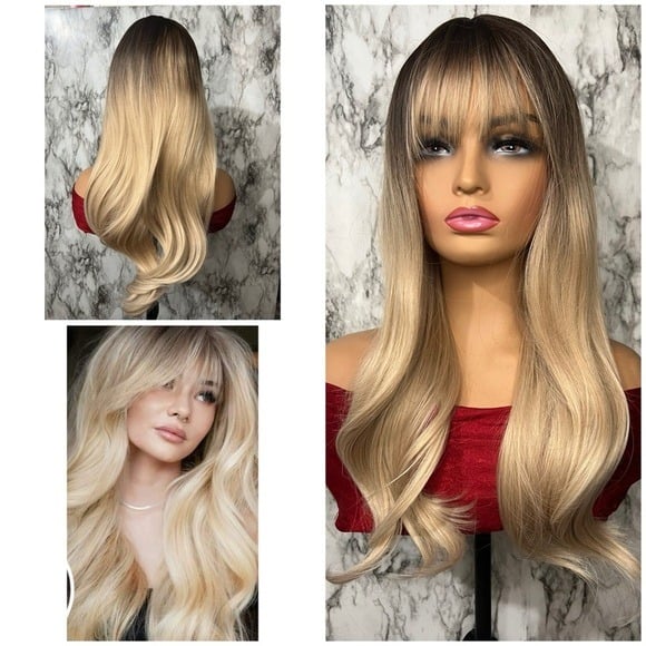 Human hair Blend 26” Balayage Light Blonde Wavy long Hair Wig & bangs