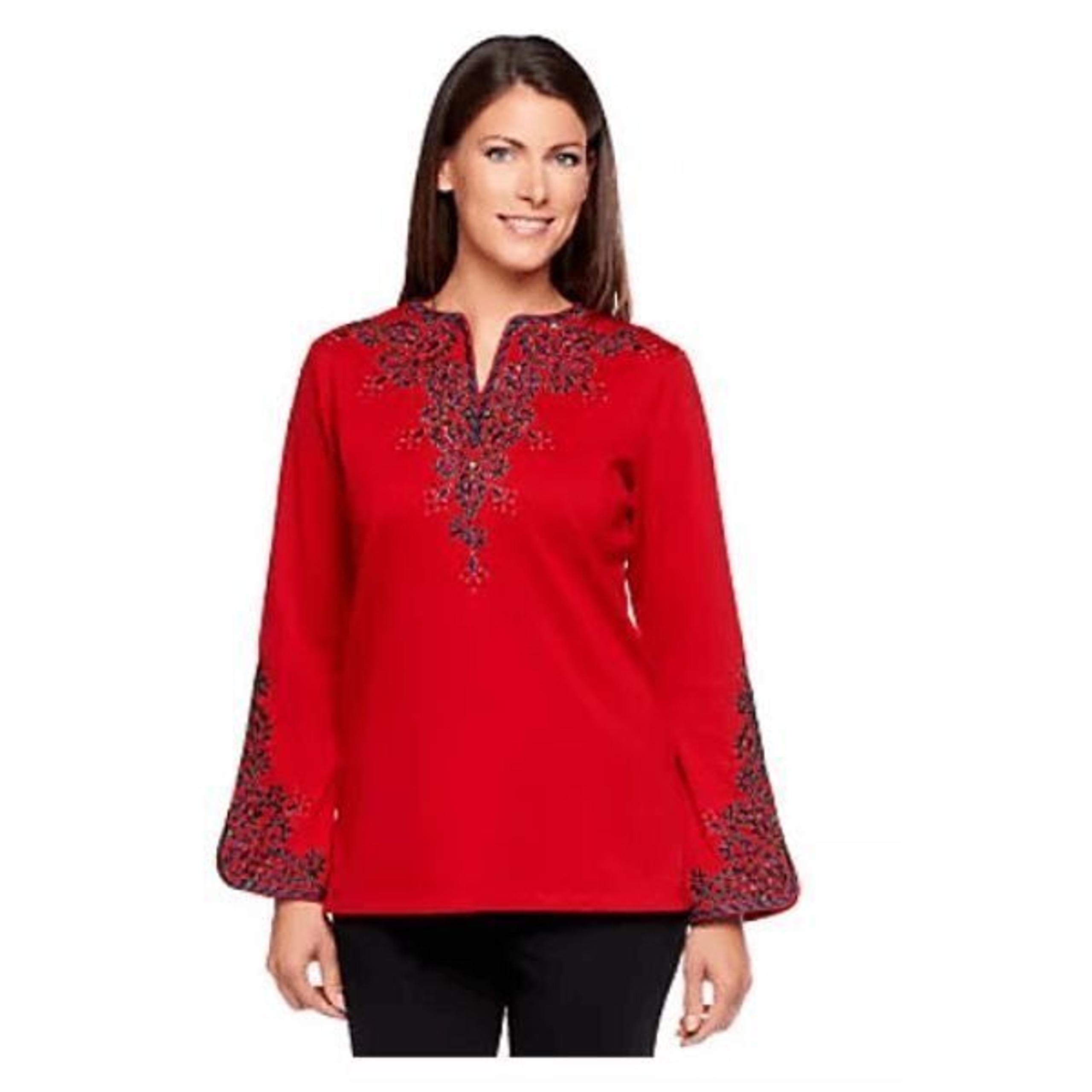 Bob Mackie Womens 3X Embroidered Bombay Tunic Top Red Black Side Slits NWT