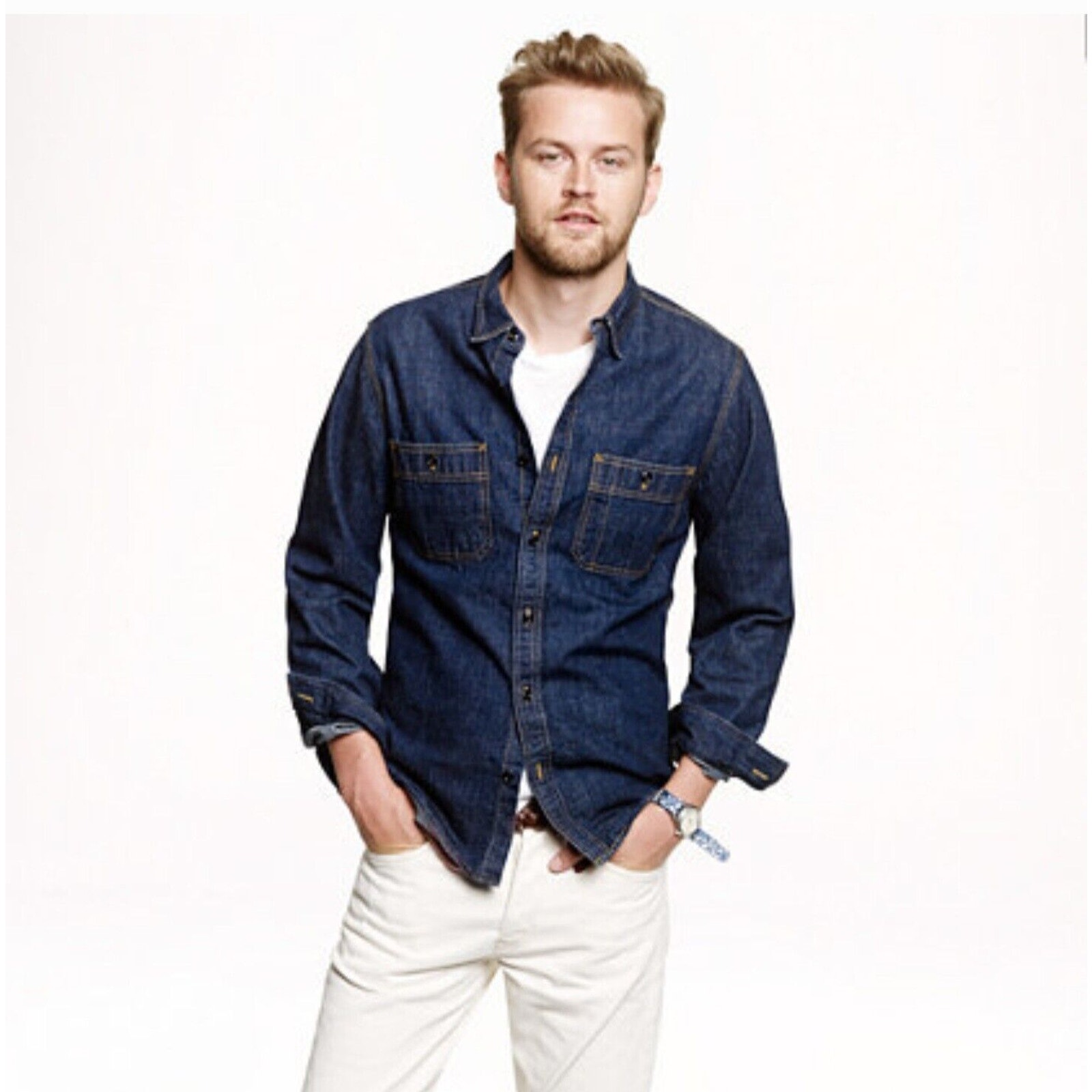 J Crew Shirt Mens Small Blue Selvedge Indigo Denim Cotton Button Up Casual
