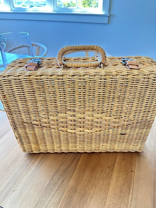 Vintage 1970's Willow Woven Picnic Basket Suitcase Style